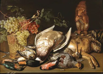 A basket of red and green grapes, a goldfinch, game and a squirrel on a wooden table by Клара Питерс — digital art print…