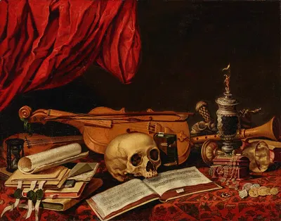 Musical instruments, books, an hourglass, a ewer and a skull on a table – a vanitas by Голландская школа — digital art…