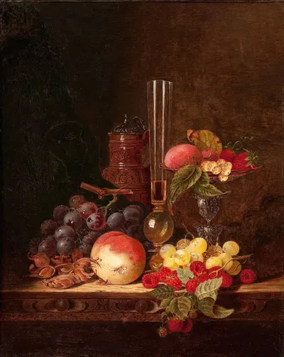 Still Life with Ceramic Jug, Wine Glass, and Tazza with Fruit by Edward Ladell — digital art print download