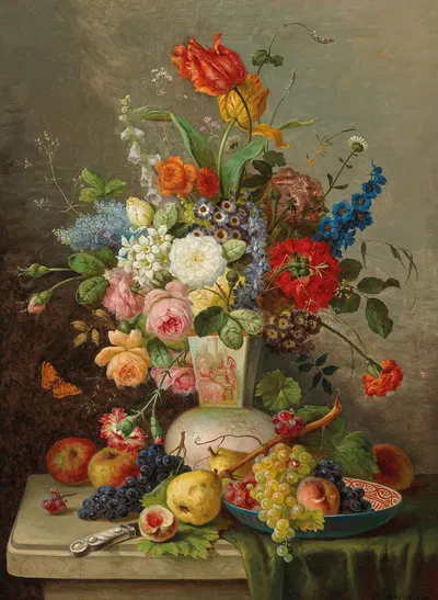 Großes Blumenstück mit Obst auf Steinplatte by Franz Hohenberger — digital art print download