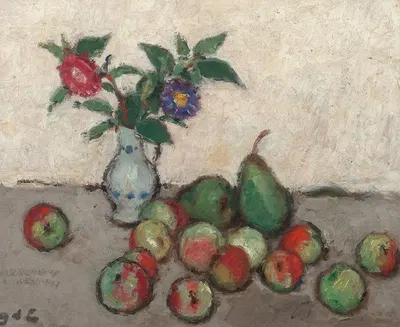 Still life with flowers in a blue and white vase with apples and pears on a table by Georges d'Espagnat — digital art print…