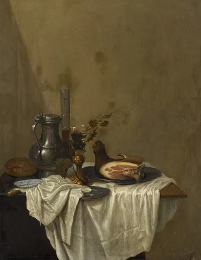 Still life with a pewter jug, roemers and a leg of ham, together on a table draped with a white tablecloth by Геррит ван…