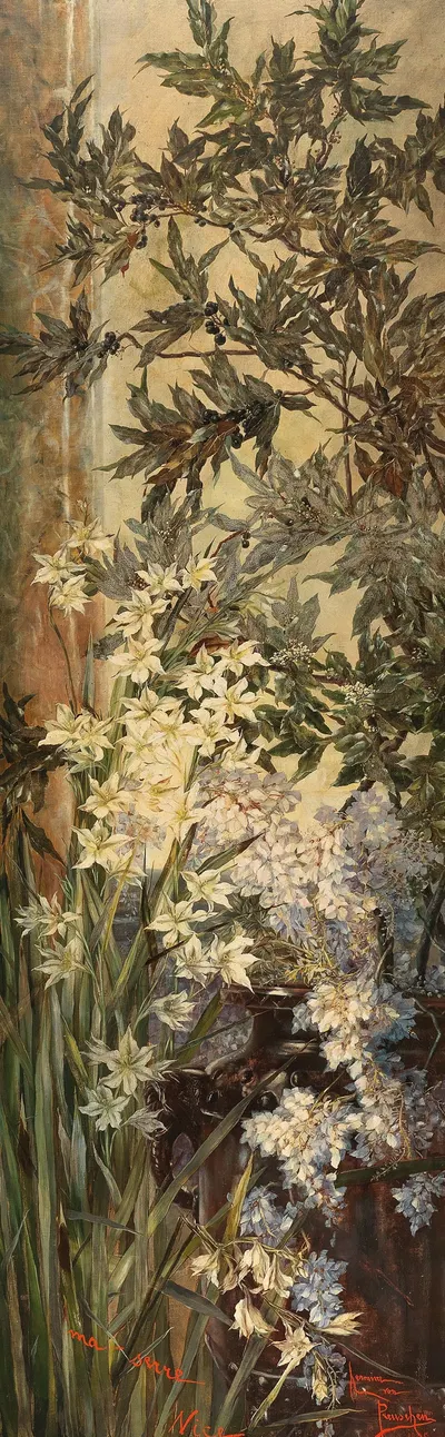 'Ma serre Nice', Lorbeerzweige und weiße Lilien in einem südlichen Gewächshaus by Гермине фон Пройшен, 1890 — digital art…