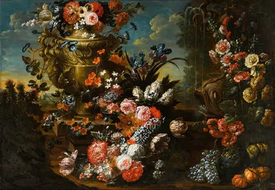 A stone urn on steps decorated with flowers and fruit beside a dolphin-headed fountain in an extensive landscape by Jan…