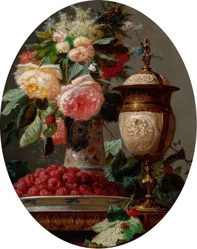 Still life with roses and a bowl of raspberries with a silver-gilt ostrich egg cup by Jean-Baptiste Robie — digital art…