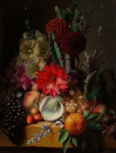 Still life with flowers and fruit on a ledge by Jean-Baptiste Robie, 1849 — digital art print download