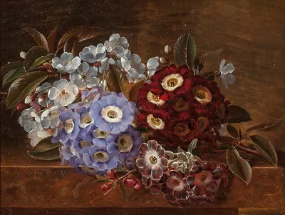 Still life with primroses on a marble ledge by Johan Laurentz Jensen, 1838 — digital art print download