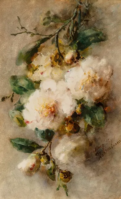 A spray of camellias hanging from a nail by Margaretha Roosenboom — digital art print download