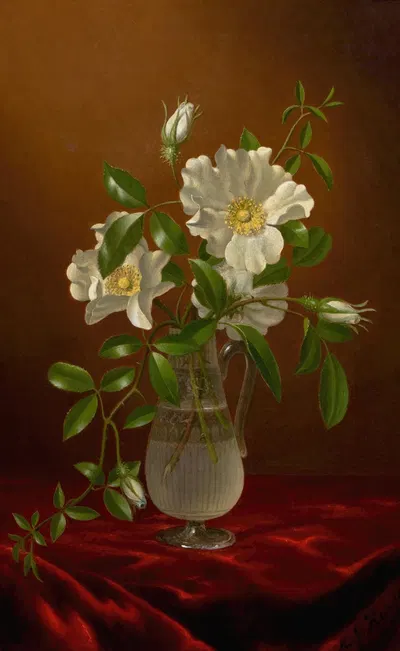 Cherokee Roses in a Glass Vase by Мартин Джонсон Хид — digital art print download