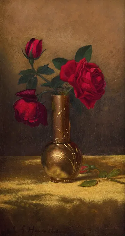 Red Roses in a Japanese Vase on a Gold Velvet Cloth by Мартин Джонсон Хид — digital art print download