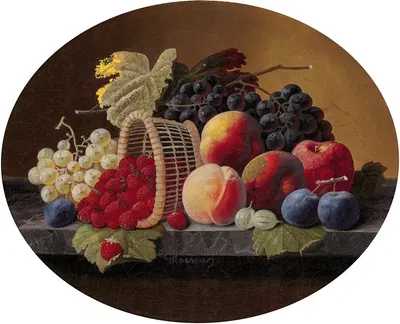 Still Life with Peaches, Grapes and Basket of Strawberries by Severin Roesen — digital art print download