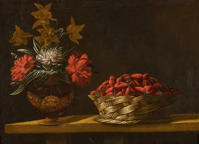 Still life with a vase of flowers and a basket of strawberries on a table top by Испанская школа — digital art print download