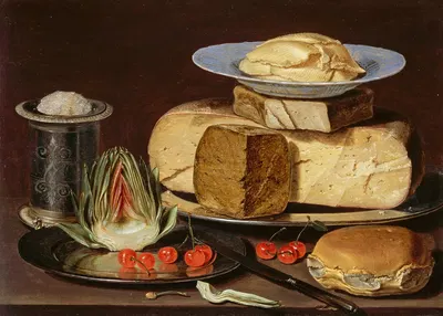 Still Life with Cheeses, Artichoke, and Cherries by Клара Питерс — digital art print download