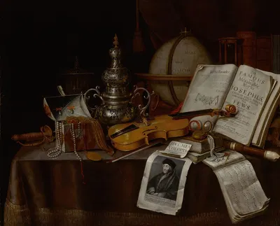 Vanitas still life with a violin, silver incense burner, globe, sword, box of jewelry, and manuscripts by Эдвард Коллиер,…