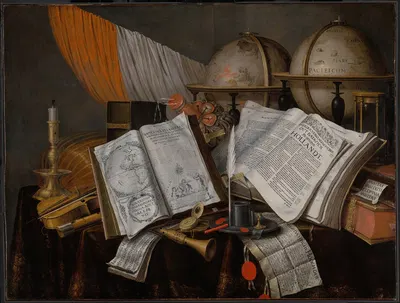 A Vanitas Still Life with a Flag, Candlestick, Musical Instruments, Books, Writing Paraphernalia, Globes and Hourglass by…