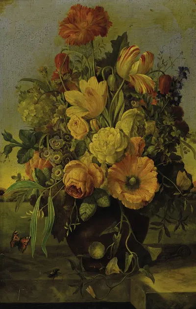 Elaborate Floral Bouquet on a Marble Ledge with a Landscape Beyond by Franz Xaver Petter, 1860 — digital art print download