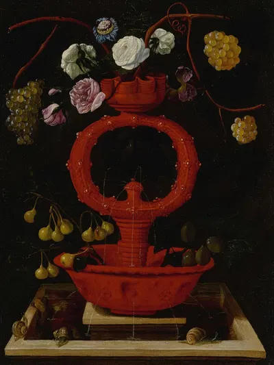 Still life of flowers and grapes in an elaborate ceramic vase, with snails along the bottom ledge by Juan de Espinosa —…