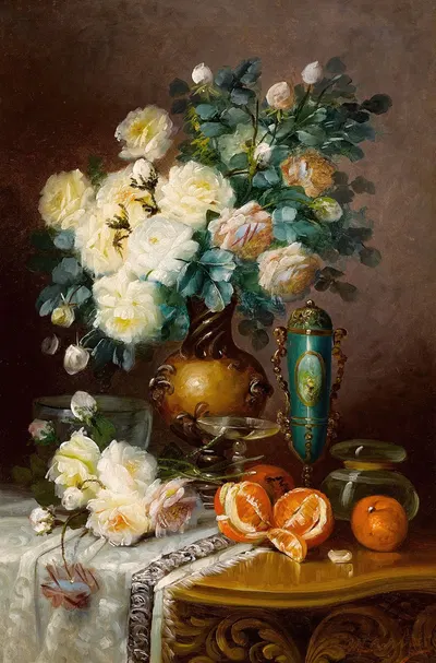 White Roses, Oranges, and Porcelain Urn on Draped Table by Макс Карлье — digital art print download