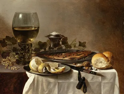Still Life with Herring, Wine and Bread by Pieter Claesz, 1647 — digital art print download