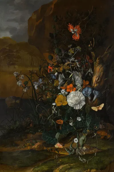 Still life of flowers, with butterflies, insects, a lizard and toads, beside a pool by Rachel Ruysch, 1687 — digital art…