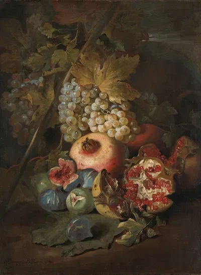 Bunches of Grapes, Pomegranates and Figs in a Landscape by Abraham Brueghel, 1670 — digital art print download