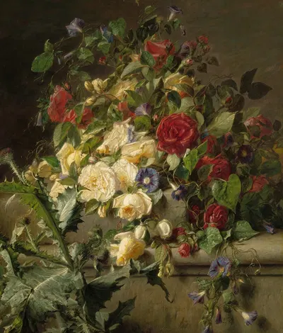 Bloeiende rozen over een oude balustrade by Adriana Johanna Haanen, 1834-1895 — digital art print download