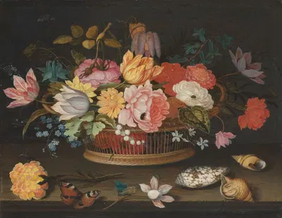 Flowers in a wicker basket on a table by Balthasar van der Ast, 1625 — digital art print download
