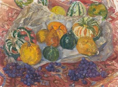 Stilleven van pompoenen en druiven op een kleed by Барбара Элизабет ван Хаутен, 1872 - 1950 — digital art print download
