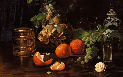 Opstilling med appelsiner, druer, blomster og forskellige krukker by Карл Карлсен, 1885 — digital art print download