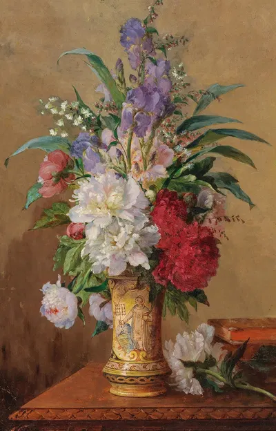 A Lavish Bouquet of Flowers with Peonies in a Vase with the Image of a Saint by Charles Philipard — digital art print…