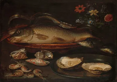 Still Life with Fish, Sea Food and Flowers by Клара Питерс — digital art print download