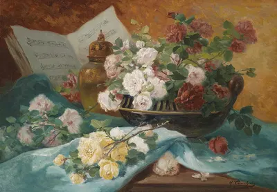 Stillleben mit Rosen in einer Schale by Южен Анри Кошуа — digital art print download