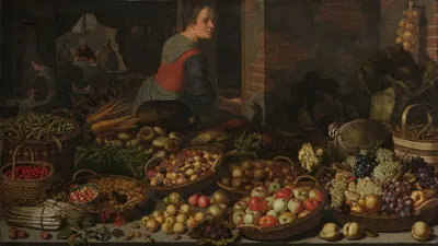 Still Life with Fruit and Vegetables, with Christ at Emmaus in the background by Floris van Schooten, c. 1630 — digital art…