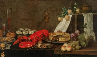 A lobster, oysters, pastry, mixed fruit and filled wine glasses on a partially draped table by Frans Ykens, 1647 — digital…