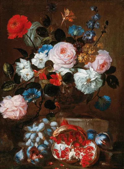 Flowers in a vase with grapes and a pomegranate by Franz Werner von Tamm — digital art print download