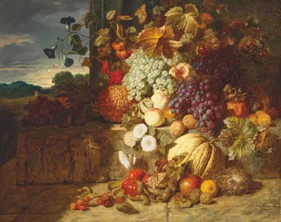 Grapes, peaches, a melon and other fruit on a stone frieze with a bird’s nest by George Lance, 1853 — digital art print…