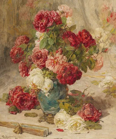 A still life with roses in a vase and a fan by Жорж Жаннин — digital art print download