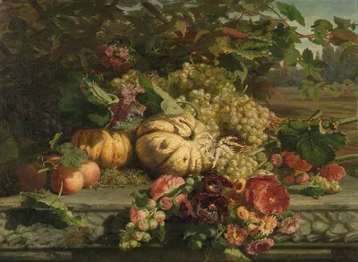 Still Life with Flowers and Fruit by Жерардина Якова ван де Санд Бахуйзен, 1869 — digital art print download