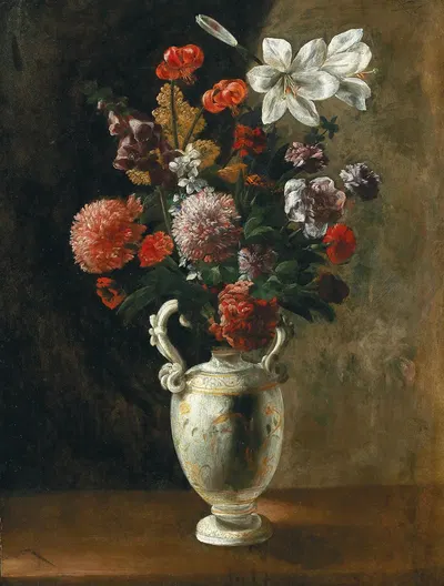 Roses, foxgloves, peonies, carnations and lilies, in a majolica vase by Giovanni Martinelli — digital art print download