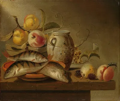 Still Life with Earthenware Jar, Fish and Fruit by Harmen Steenwyck, 1652 — digital art print download