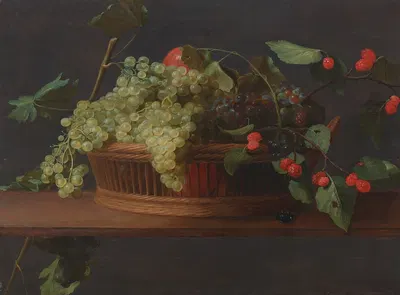 A basket of grapes and raspberries on a ledge oil on panel by Jacob Foppens van Es — digital art print download