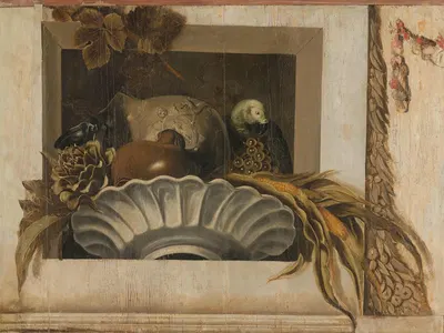 Still Life with a Bowl of Corn, Artichokes, Grapes and a Parrot by Якоб ван Кампен, 1645 - 1650 — digital art print download