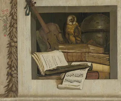 Still Life with Books, Sheet Music, Violin, Celestial Globe and an Owl by Якоб ван Кампен, 1645 - 1650 — digital art print…