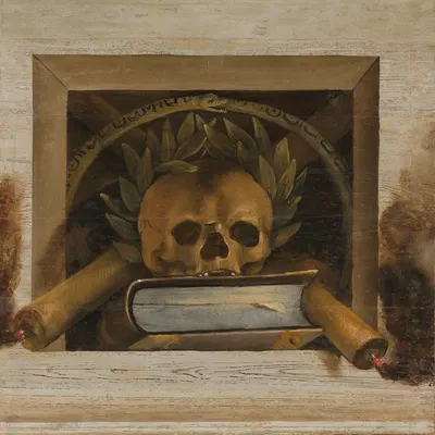 Vanitas Still Life with Scull with Laurel Wreath, Book and two Burning Candles by Якоб ван Кампен, 1645 - 1650 — digital…