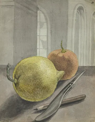 Stilleven met vruchten, mes en potlood by Ян Брандес, 1779 - 1785 — digital art print download