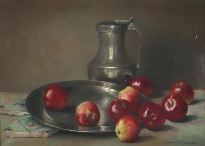 Stillleben mit Äpfeln Zinnschale und Zinnkrug by Jan Ingenhoes — digital art print download
