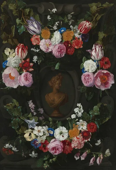 Cartouche Decorated with Swags and Sprays of Flowers by Jan Philips van Thielen, 1665 — digital art print download