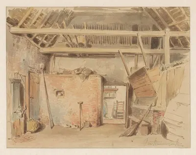 Interieur van een boerenschuur met doorkijk naar de keuken by Jan Striening, 1837 - 1903 — digital art print download