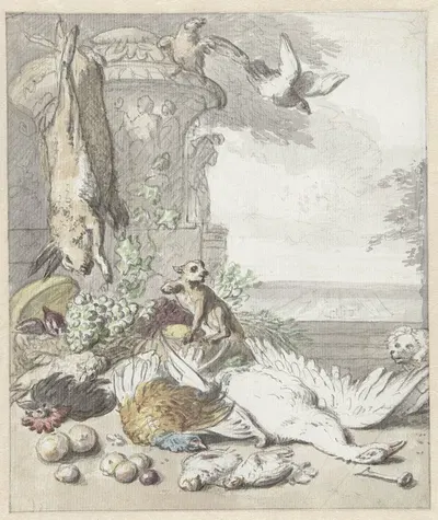 Dood wild, een aap, een hond en enige vogels by Ян Вейникс, 1650 - 1719 — digital art print download