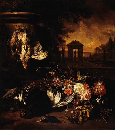 Fleurs et gibier mort devant un paysage by Ян Вейникс, 1662-1719 — digital art print download
